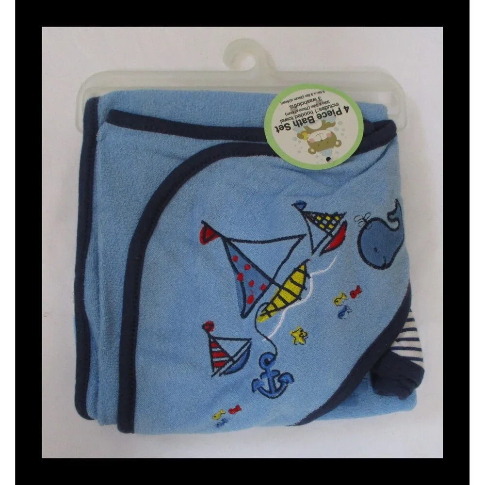 4 Piece Bath Set for Baby Blue Sailboars Hooded Towel & 3 Washcloths